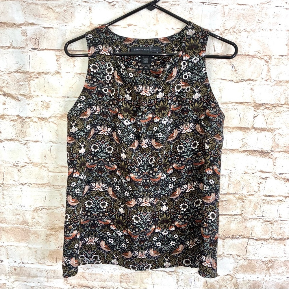 Marc Jacobs Strawberry Thief Bird Black Olive Print Sleeveless Tie Front Size Sm